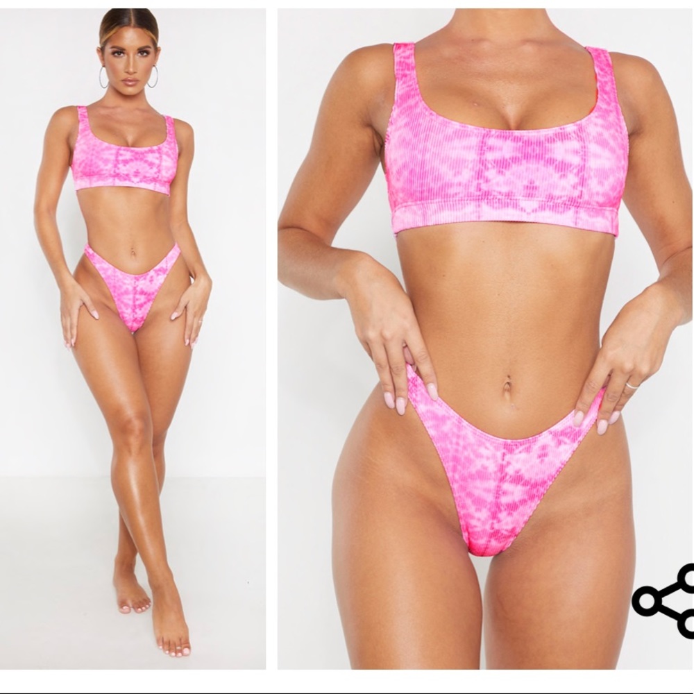 Pink Ribbed Tie Dye High Leg Bikini